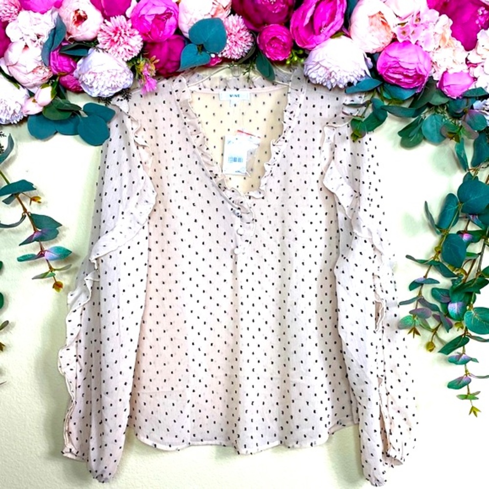 •MINE• playful {Pale Pink} semi-sheer [black dotted] |frilled| V-neck Blouse